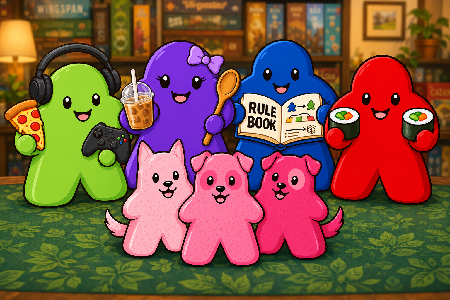 The colorful Meeples 'N Munchies family